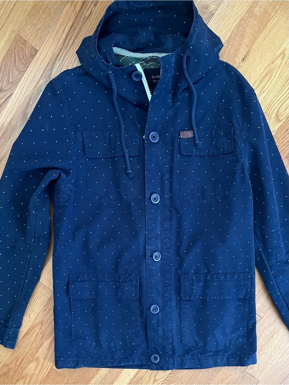 Men's Utility Cargo Skater Streetwear Navy Blue Hooded Jacket {L) EUC